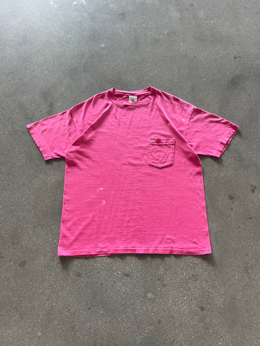 90’S PAINT SPLATTERED PINK SELVEDGE POCKET TEE - BOXY L