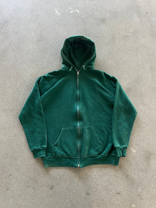 90’S SUNFADED FOREST GREEN ZIP UP HOODIE - L